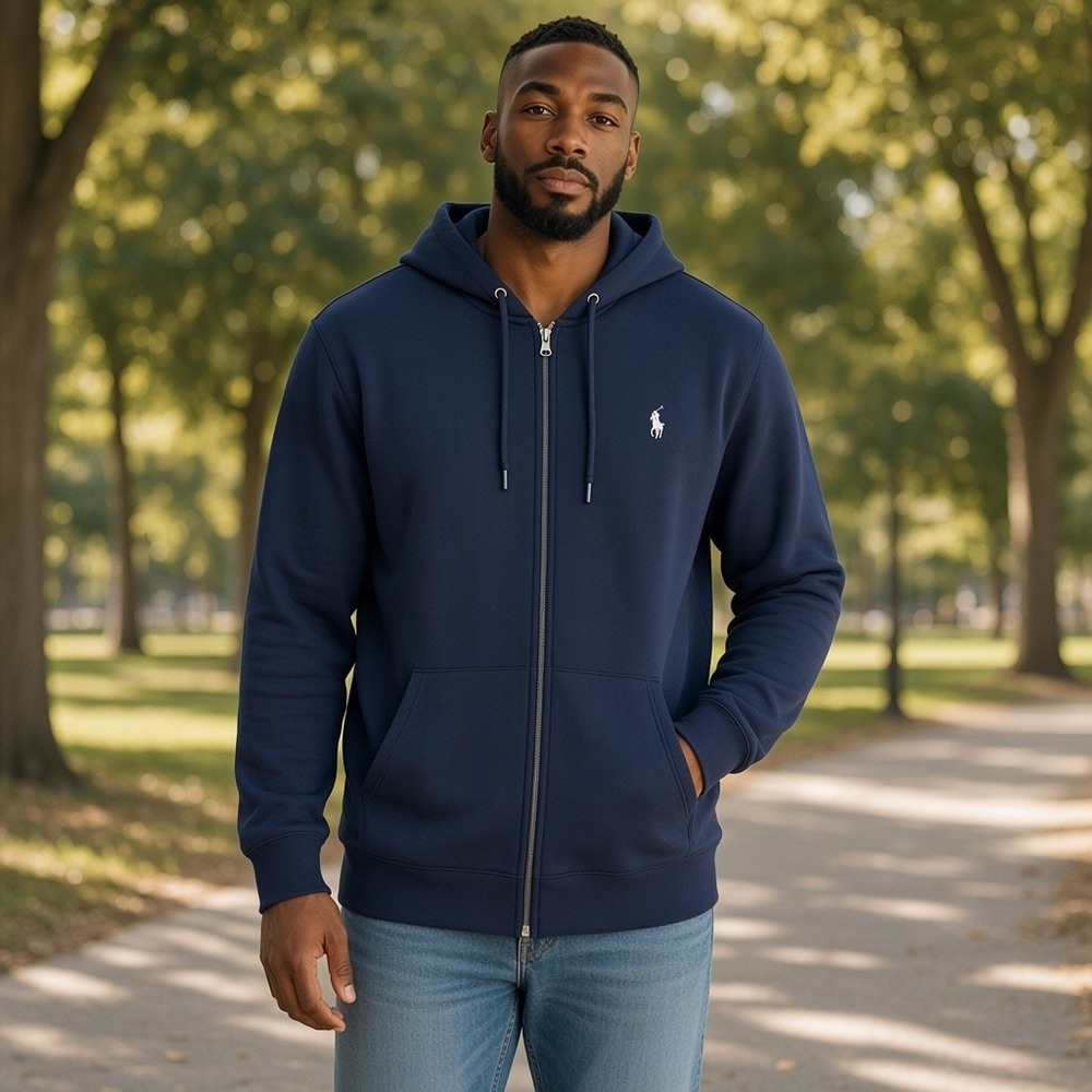 Polo Ralph Lauren Mens 2XB Navy Blue Double Knit Full Zip Hoodie Pony Logo 6449